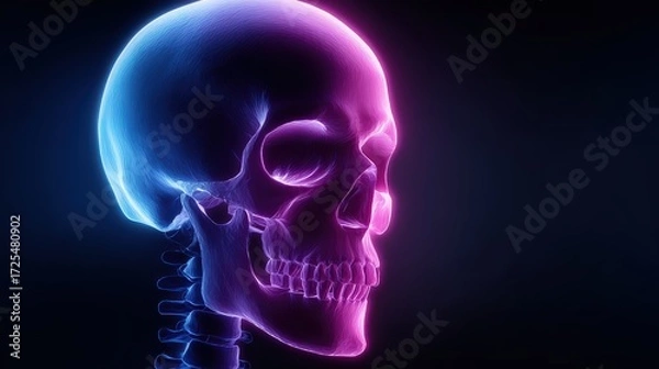 Fototapeta Neon Glowing Human Skull Illustration in 3D with Detailed Bones and Vivid Colors Set Against Dark Background