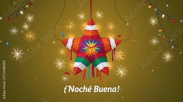 Fototapeta Noche buena star piñata with colorful tassels, hanging string lights, golden sparkles and festive confetti on warm background, spanish nochebuena christmas eve decoration banner for cards