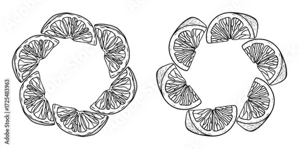Fototapeta Set of tropical frames featuring ripe oranges and lemons. Exotic round fruit border with space for text. Round frame with juicy, sweet citrus fruits, vector element.