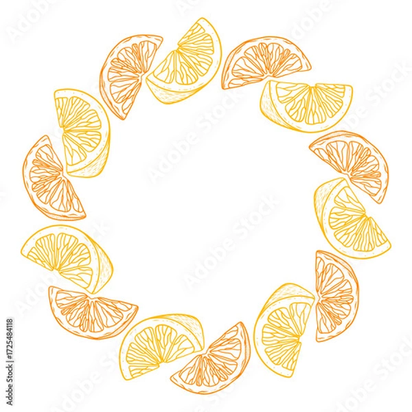 Fototapeta Tropical frame of ripe oranges and lemons. An exotic round fruit border with space for text. A round frame with juicy, sweet citrus fruits, a vector element.