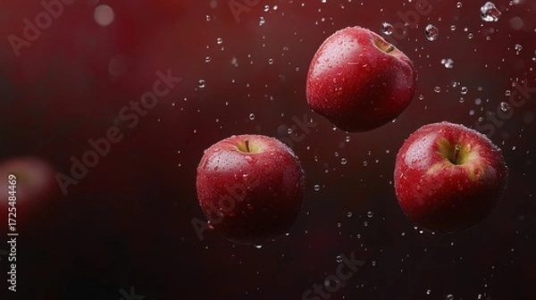 Fototapeta Fresh Red Apples Floating with Water Droplets on Dark Background