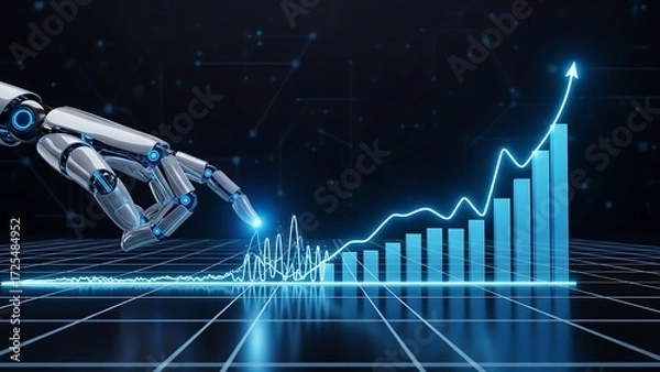 Fototapeta A robotic hand touches a rising digital bar graph, symbolizing the power of artificial intelligence in driving business growth and financial analysis.