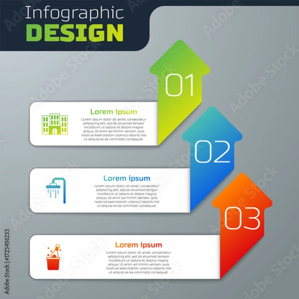 Fototapeta Set Hotel building, Shower and Bottle of champagne. Business infographic template. Vector