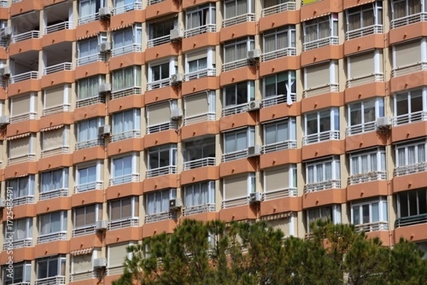 Obraz Benidorm generic high rise apartment building. Modern residential architecture. Benidorm town in Valencian Community (Comunidad Valenciana), Spain.