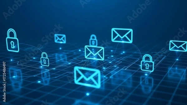 Fototapeta Glowing email and padlock icons are connected in a secure digital network, symbolizing private, secure, and encrypted online communication.