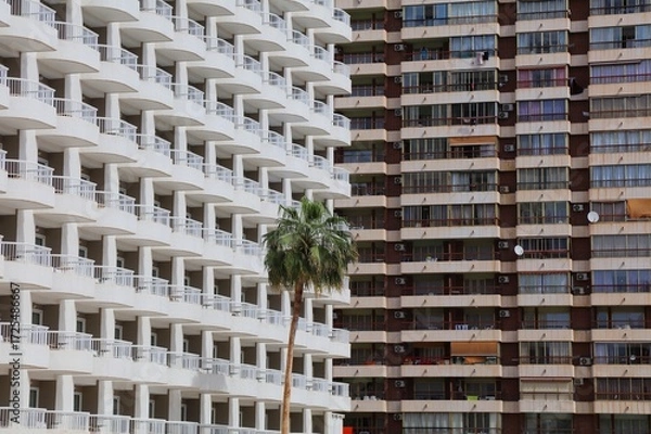 Obraz Benidorm high rise hotel and apartment building. Modern residential architecture. Benidorm town in Valencian Community (Comunidad Valenciana), Spain.