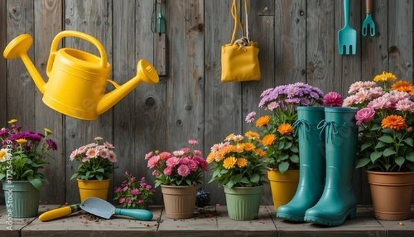 Fototapeta Beautiful gardening scene with colorful potted flowers on rustic wooden background, bright yellow watering can, garden tools and rubber boots, spring home gardening concept, high-resolution