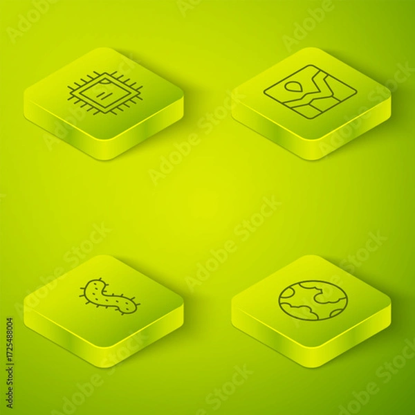 Fototapeta Set Isometric line Graph chart infographic, Virus, Earth globe and Processor CPU icon. Vector