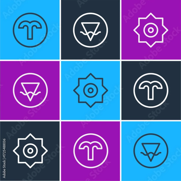 Fototapeta Set line Aries zodiac, Falling star and Earth element icon. Vector