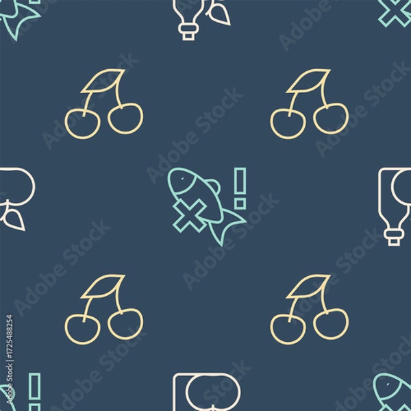 Fototapeta Set line Apple cider vinegar in bottle, Fresh berries and No fish on seamless pattern. Vector