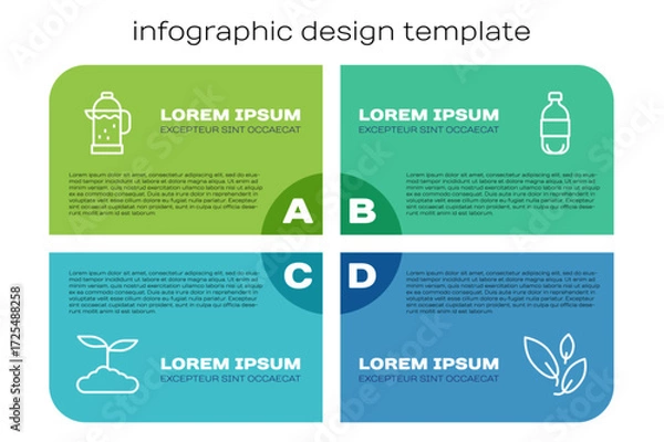 Fototapeta Set line Tea leaf, French press, and Bottle of water. Business infographic template. Vector