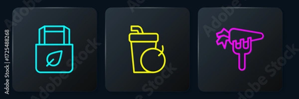 Fototapeta Set line Shopping bag with recycle, Carrot and Fresh smoothie. Black square button. Vector