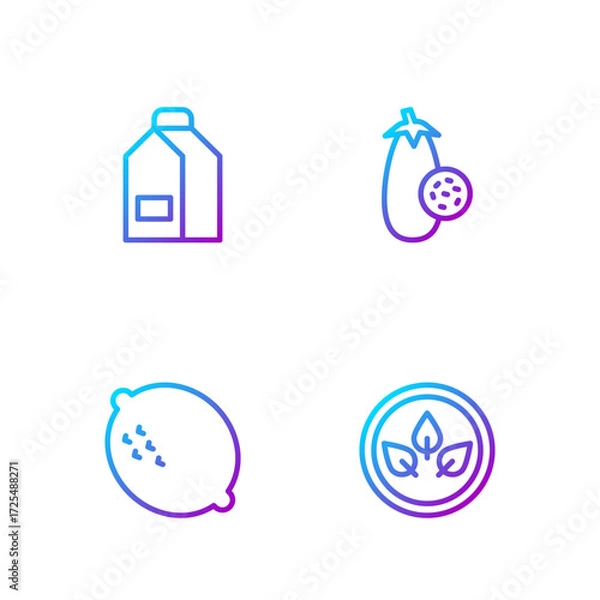 Fototapeta Set line Vegan food diet, Lemon, Paper package for milk and Eggplant. Gradient color icons. Vector