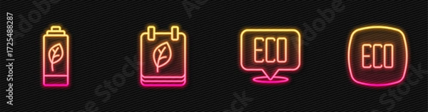 Fototapeta Set line Leaf Eco symbol, nature leaf battery, Calendar with autumn leaves and . Glowing neon icon. Vector