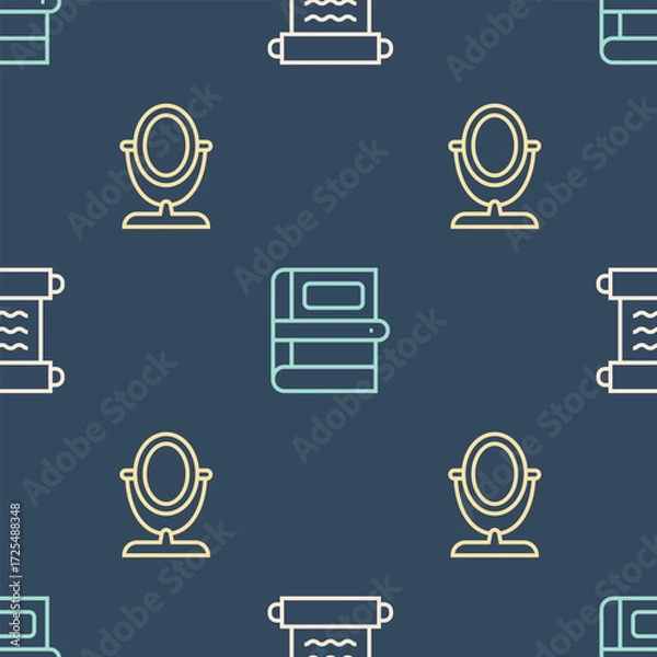 Fototapeta Set line Papyrus scroll, Round makeup mirror and Book on seamless pattern. Vector