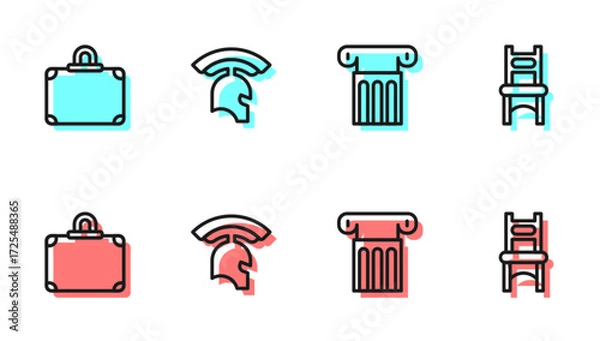 Fototapeta Set line Ancient column, Suitcase, Roman army helmet and Chair icon. Vector