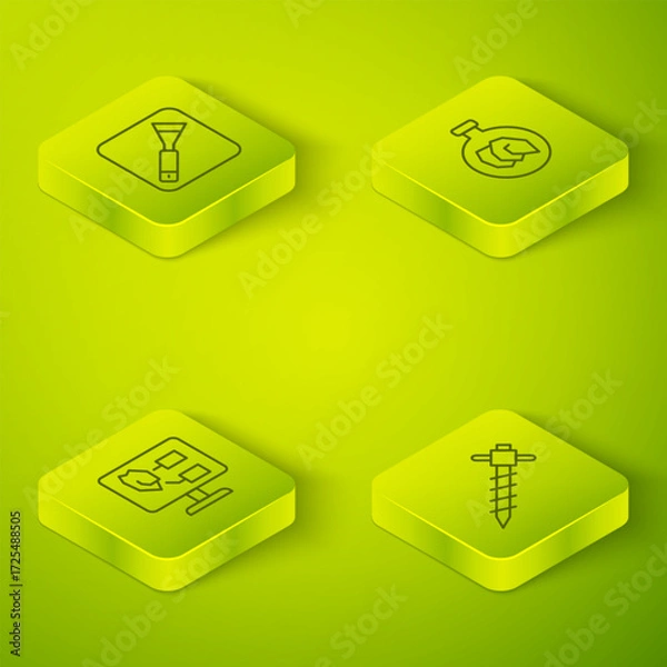 Fototapeta Set Isometric line Exhibition with minerals, rocks, Soil analysis, Construction jackhammer and Paint brush icon. Vector