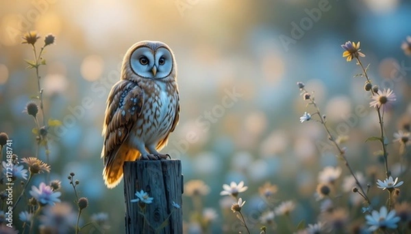 Fototapeta Hyper-detailed fantasy wildlife photography of a barn owl perched on an old weathered wooden post, surrounded by blooming wildflowers in cyan and golden tones, dreamy soft-focus meadow background