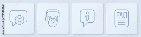 Fototapeta Set line Telephone 24 hours support, Information, Headphones with question and FAQ information. White square button. Vector