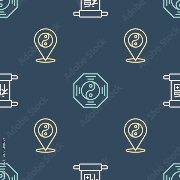 Fototapeta Set line Chinese New Year, Yin Yang symbol and on seamless pattern. Vector