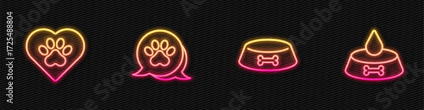 Fototapeta Set line Pet food bowl for cat or dog, Heart with animals footprint, Paw and . Glowing neon icon. Vector