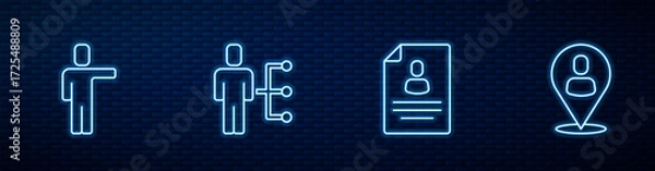 Fototapeta Set line Resume, Head hunting, User of man business suit and Worker location. Glowing neon icon on brick wall. Vector