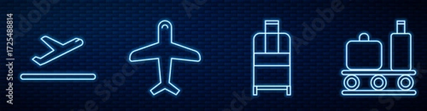 Fototapeta Set line Suitcase, Plane takeoff, Plane and Airport conveyor belt with suitcase. Glowing neon icon on brick wall. Vector