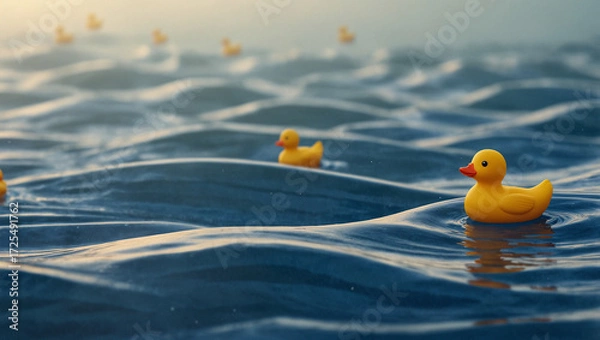 Fototapeta Playful Yellow Rubber Duck on Blue and White Striped Waves – Minimalist Whimsical Toy Design