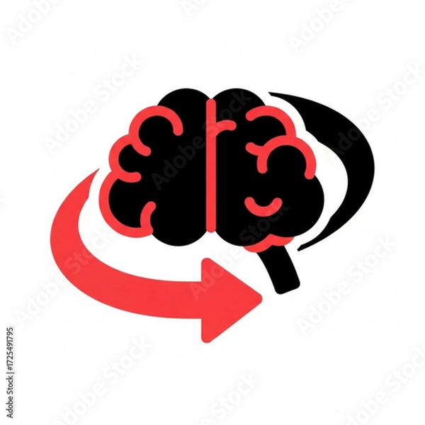 Fototapeta Dynamic silhouette of a human brain with a circular arrow indicating thought process and learning