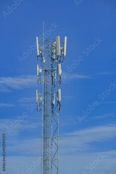 Obraz Telecommunication tower of 4G and 5G cellular. Antenna transmission communication. Cell phone signal base station.