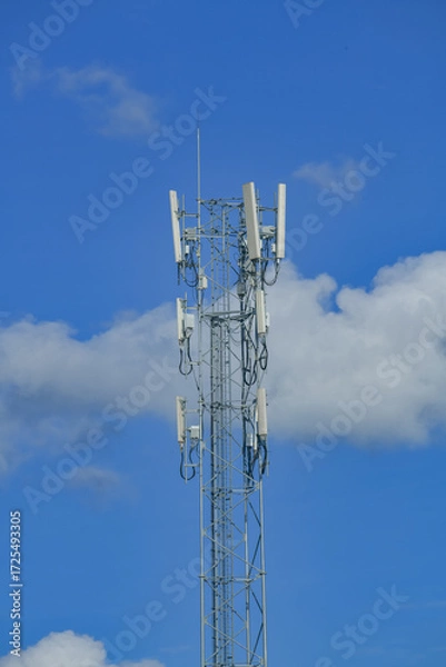Obraz Telecommunication tower of 4G and 5G cellular. Antenna transmission communication. Cell phone signal base station.