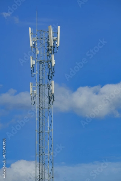 Obraz Telecommunication tower of 4G and 5G cellular. Antenna transmission communication. Cell phone signal base station.