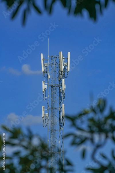 Obraz Telecommunication tower of 4G and 5G cellular. Antenna transmission communication. Cell phone signal base station.