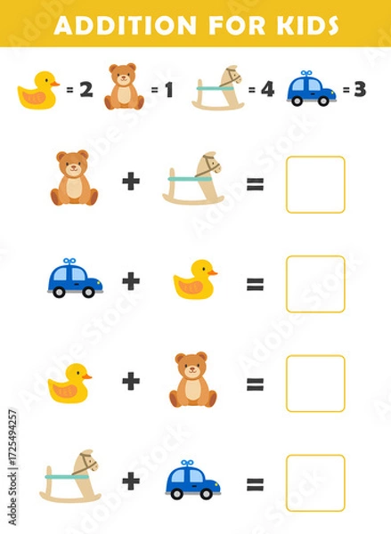 Fototapeta Addition for Kids. Fun Math Logic Puzzles for Kids. Math Game with Cute Toys Illustration. Math Activities for Children.
