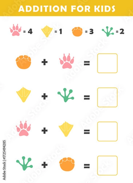 Fototapeta Addition for Kids. Fun Math Logic Puzzles for Kids. Math Game with Cute Animal Footprints Illustration. Math Activities for Children.