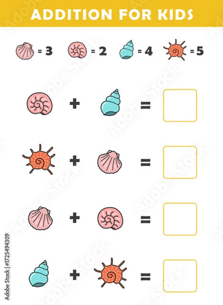 Fototapeta Addition for Kids. Fun Math Logic Puzzles for Kids. Math Game with Cute Shells Illustration. Math Activities for Children.