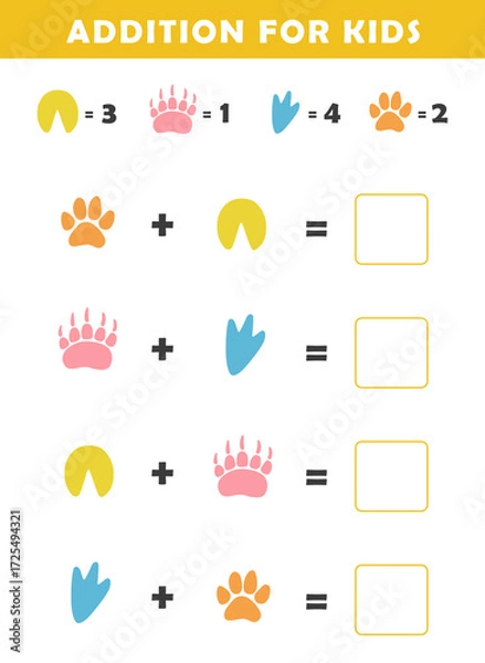 Fototapeta Addition for Kids. Fun Math Logic Puzzles for Kids. Math Game with Cute Animal Footprints Illustration. Math Activities for Children.	