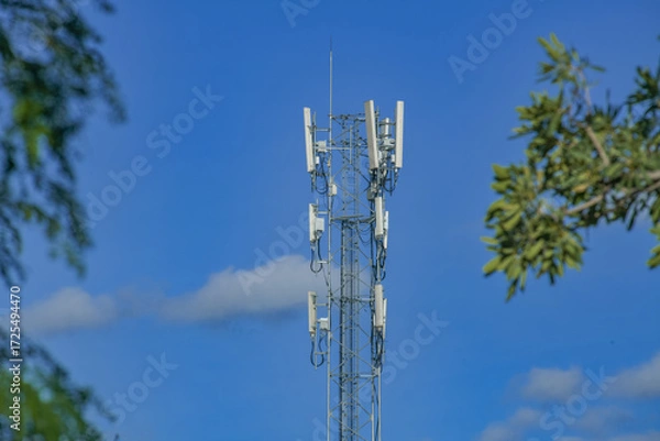 Obraz Telecommunication tower of 4G and 5G cellular. Antenna transmission communication. Cell phone signal base station.