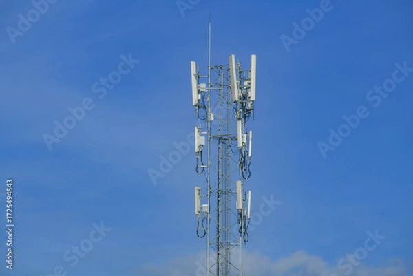 Obraz Telecommunication tower of 4G and 5G cellular. Antenna transmission communication. Cell phone signal base station.