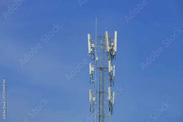 Obraz Telecommunication tower of 4G and 5G cellular. Antenna transmission communication. Cell phone signal base station.