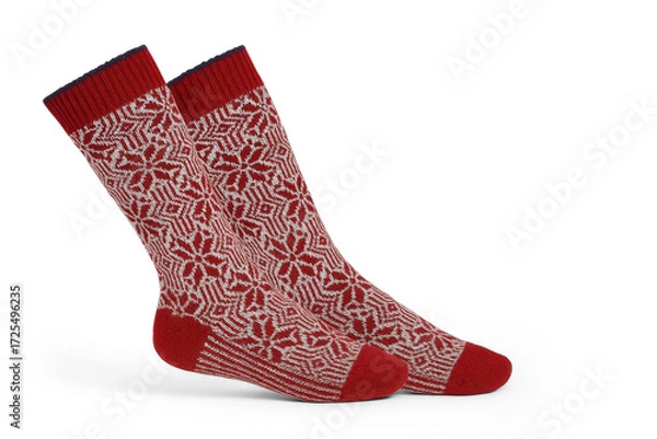 Obraz Red and White Snowflake Patterned Winter Socks Isolated on White Background
