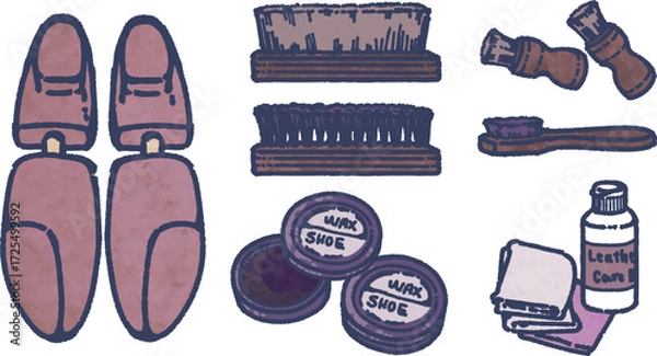 Obraz 革靴のケアをする道具のイラストセット