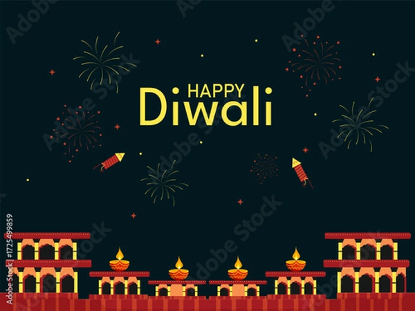 Fototapeta Happy Diwali Indian festival of lights. Vector illustration of cityscape or landscape background with firecrackers in the background for celebration.