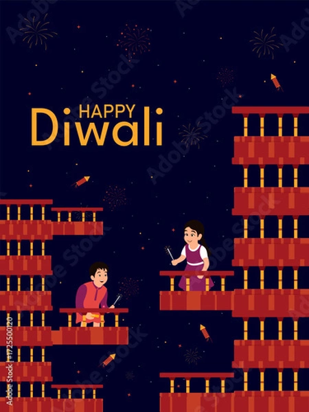 Fototapeta Happy Diwali Indian festival of lights. Vector illustration of cityscape or landscape background with family celebrating festival.