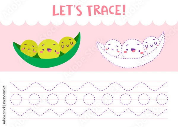 Fototapeta Dot to dot handwriting practice game for kids. Trace page with cute green peas.