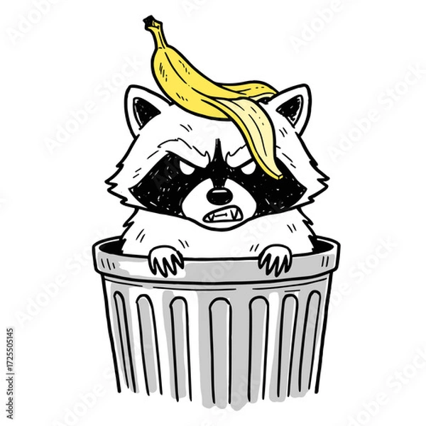 Fototapeta raccoon in a trash can with a banana peel on its head funny sketch