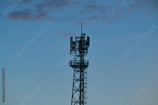 Obraz Telecommunication tower of 4G and 5G cellular. Antenna transmission communication. Cell phone signal base station.