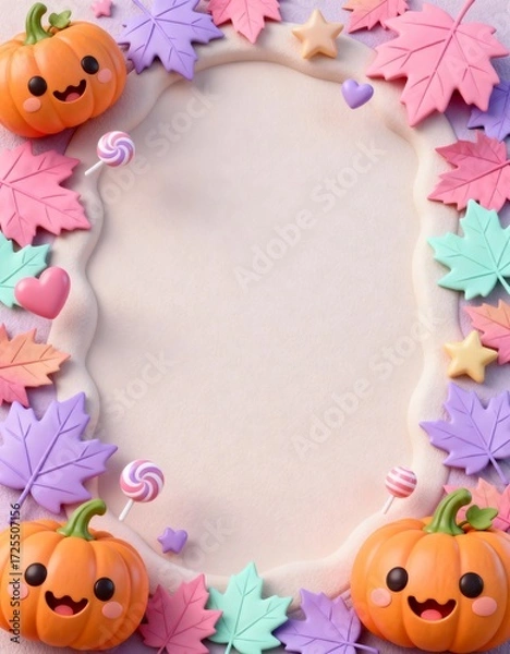 Fototapeta 3D Halloween border with pumpkins autumn leaves floating candies empty center whimsical kawaii style