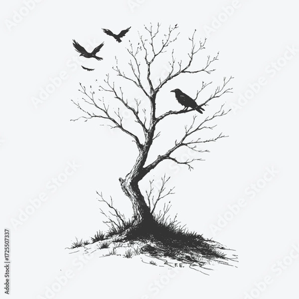 Fototapeta Bare tree silhouette with crows perched on branches, symbolizing solitude and mystery.