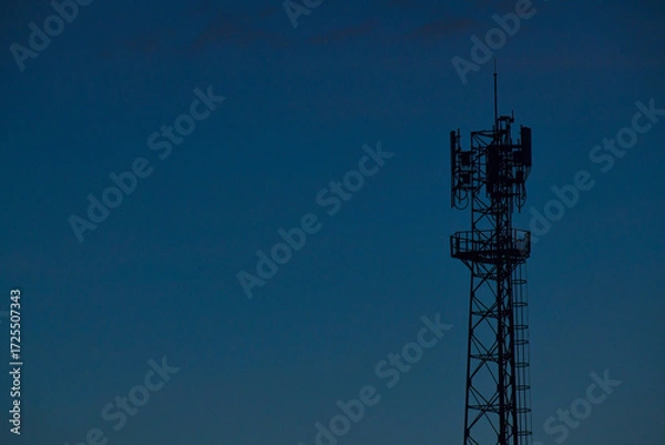 Obraz Telecommunication tower of 4G and 5G cellular. Antenna transmission communication. Cell phone signal base station.